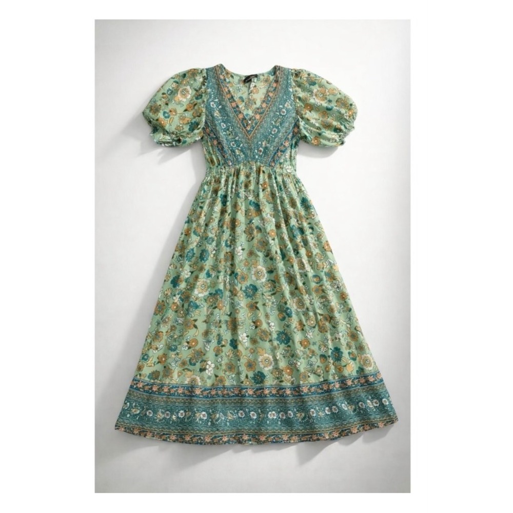 Suzanne Betro Floral Midi Dress Green Boho Cottagecore Whimsigoth Fairycore-S